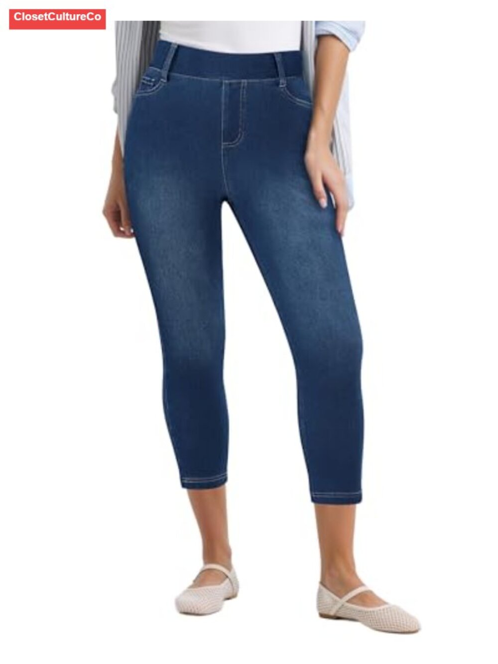 High Waisted Pull On Capri Jeans Skinny Stretchy Knit Jeggings Comfy Denim